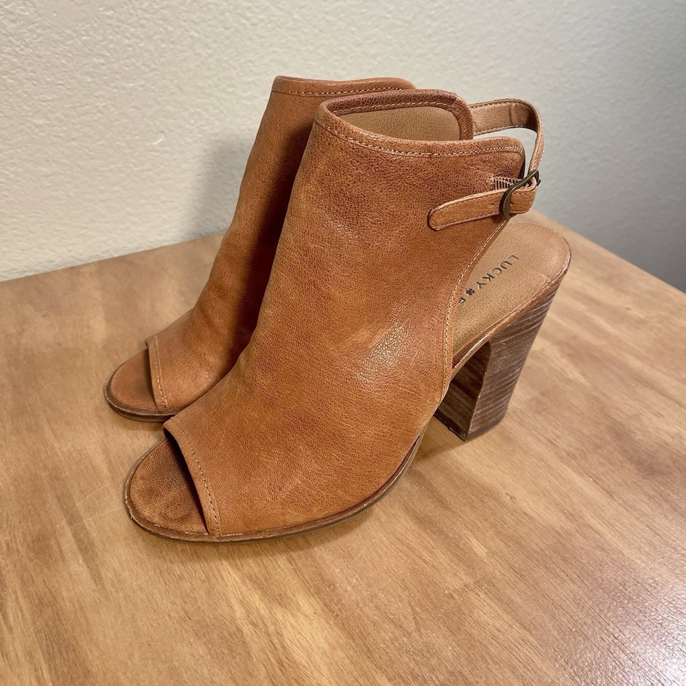 Lucky Brand Lisza Peep Toe Block Heel Leather Booties Sling Back Brown Size 8.5